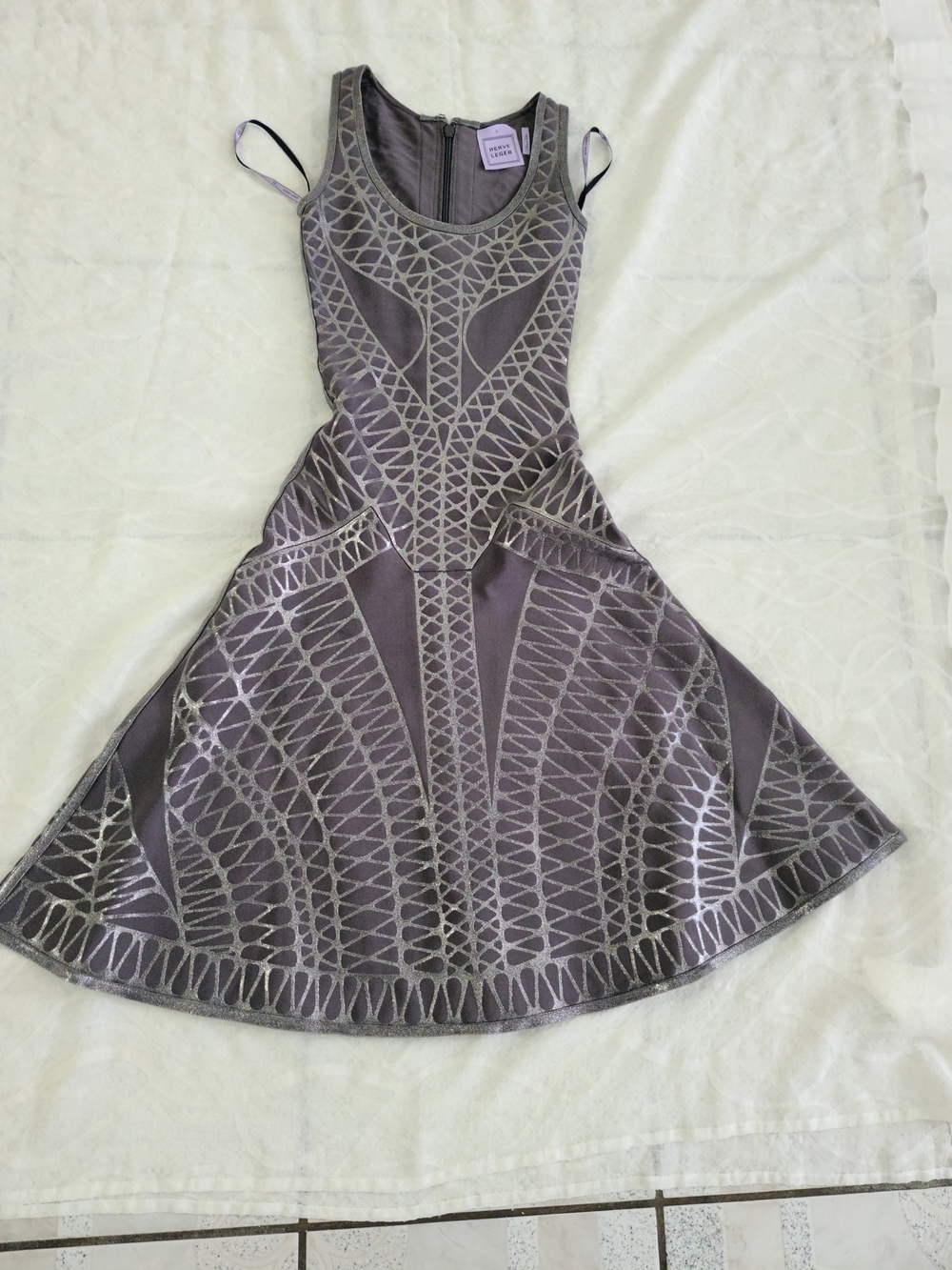 Herve Leger Metallic Grey Geometric Fit & Flare Mini Dress